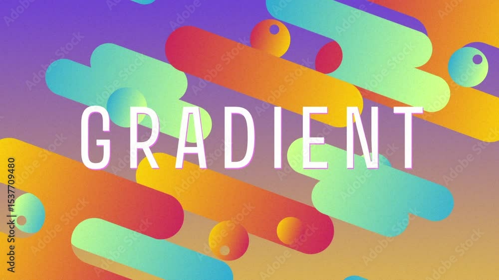 Poster on start sliding bars spheres forming gradient letters on gradient field, drifting then fragmenting