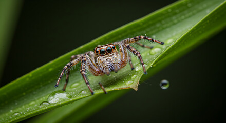 Fototapeta premium Close-up image of a jumping spider on a green leaf with water droplets