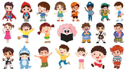 Collection of cartoon children in various costumes and poses standing against a white background image art