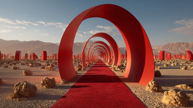 Surreal Desert Landscape with Red Archway Tunnel and Red Carpet - Powered by Adobe