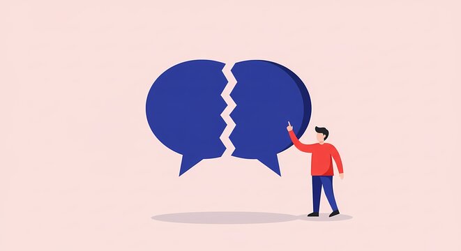 Illustration showcasing communication breakdown with split speech bubble symbol