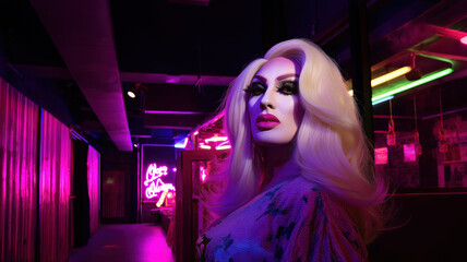 Drag queen with glamorous makeup and long blonde wig posing in neon-lit hallway of night club. Studio portrait with colorful lighting. Drag performance and LGBT concept. Design for poster, banner