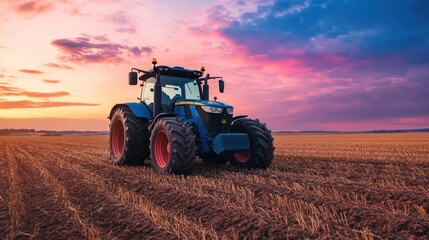 Obraz premium Powerful tractor standing majestically in golden field with dramatic sunset