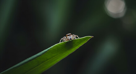 A Close-up of a Small Spider Resting on the Tip of a Green Leaf