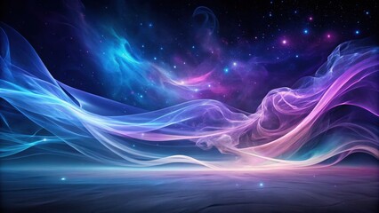 Ethereal cosmic waves flowing across a serene, otherworldly landscape under a vibrant night sky filled with twinkling stars and nebulae