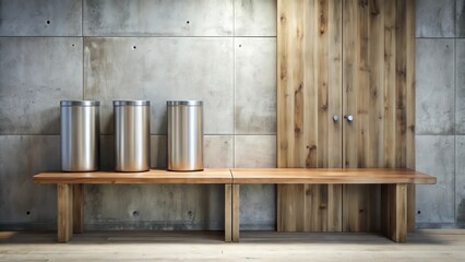 Modern minimalist interior design featuring a sleek wooden bench and three metallic cylindrical containers against a textured concrete and wood wall