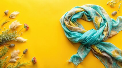 Vibrant Teal Silk Scarf Arranged with Dried Floral Accents on Sunny Yellow Background