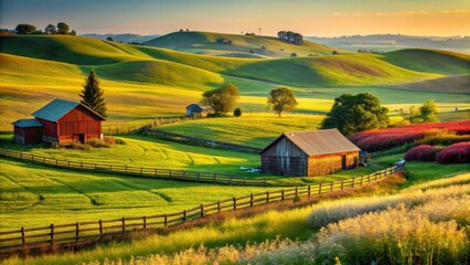 Serene Rural Landscape Rolling Hills, Farm Buildings, and Vibrant Meadows at Golden Hour