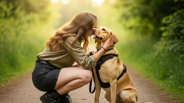 Young woman squatting and kissing her labrador dog in a sunny country road, enjoying a peaceful moment of affection and complicity with her pet