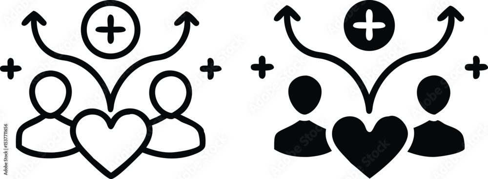 Poster minimalist community connection icon – line art vector with heart and arrows