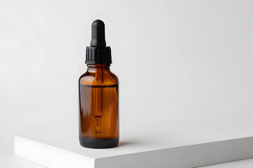 Amber glass dropper bottle on white background