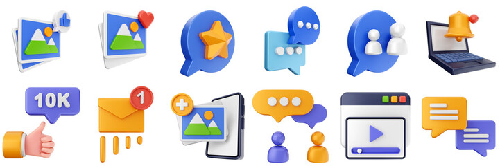 3d social media network marketing application smartphone share like love follow online posting icon set bundle illustration