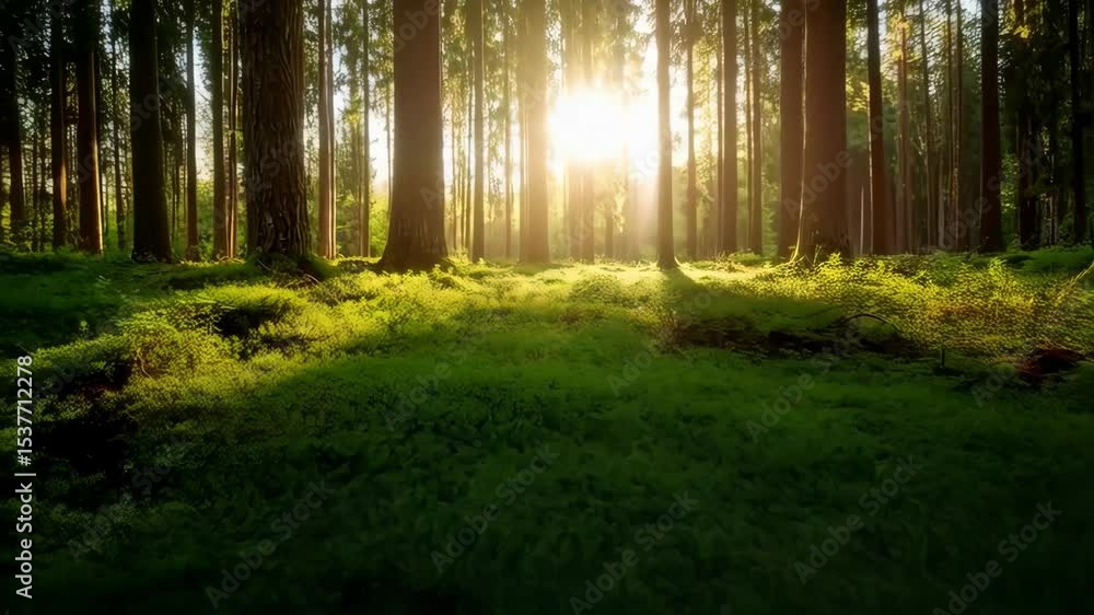 Poster sunlight filtering through a tranquil evergreen forest with lush green moss covering the ground crea