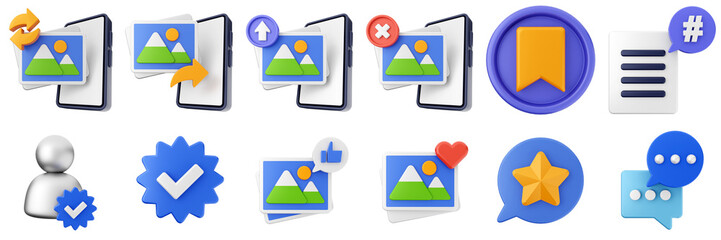 3d social media network marketing application smartphone share like love follow online posting icon set bundle illustration