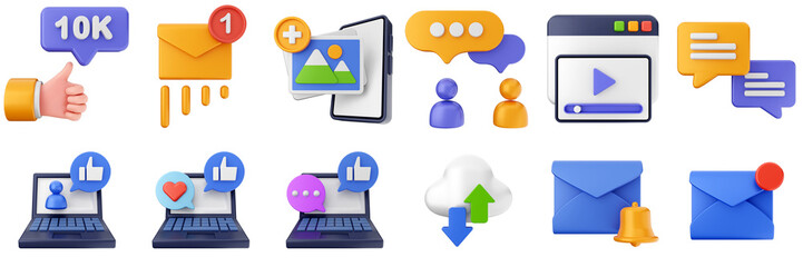 3d social media network marketing application smartphone share like love follow online posting icon set bundle illustration