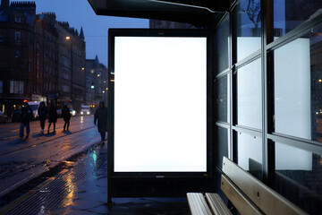 Blank advertising billboard at night bus stop