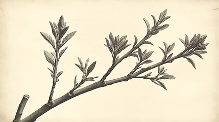 Elegant botanical illustration featuring a budding branch with delicate leaves