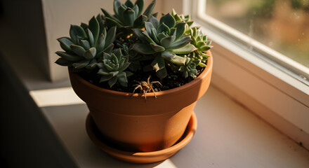 Succulent plant in a pot on a windowsill with spider on it