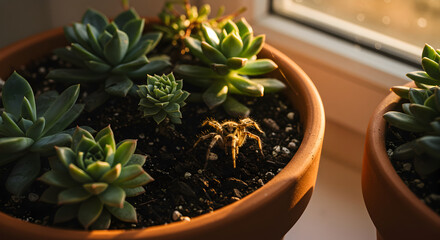 Succulent Plants in Pots with a Spider in a Window with Natural Light