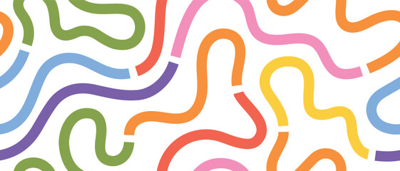 Playful seamless pattern with colorful hand-drawn swirls, arches, and zigzags. Modern abstract background perfect for wrapping paper or childrens design