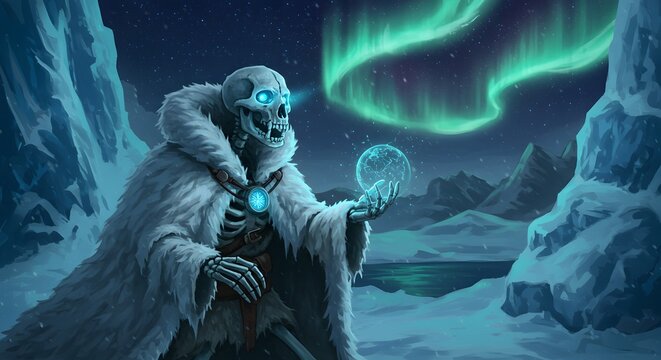 Arctic Skeleton Sorcerer Under the Aurora Borealis