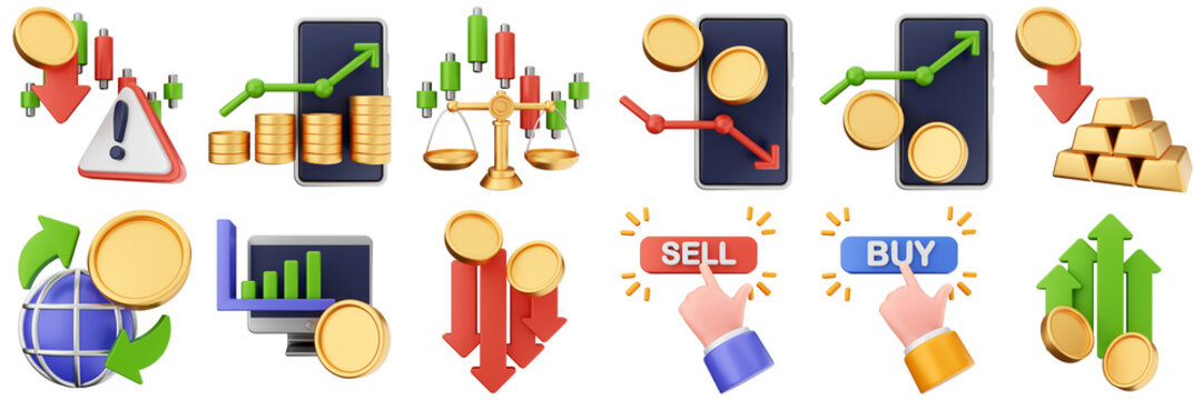 3d trading chart arrow increase decrease income profit finance icon set bundle illustration