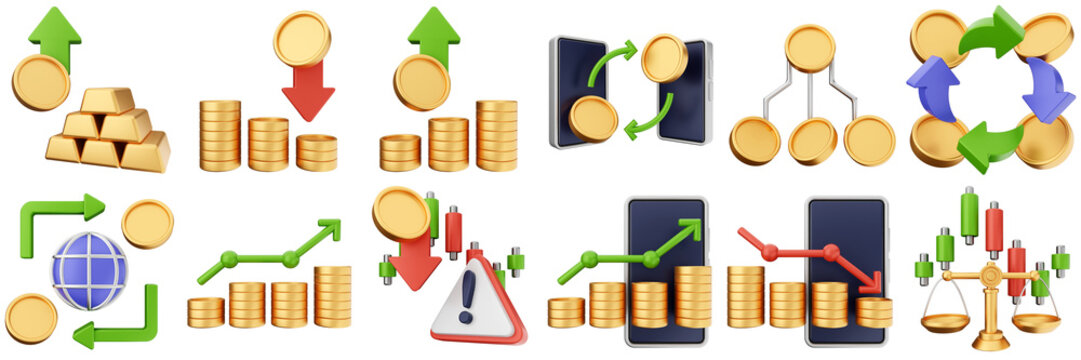 3d trading chart arrow increase decrease income profit finance icon set bundle illustration