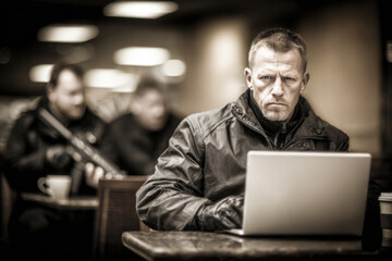 man in cafe holding laptop in one hand and weapon in other engaged in tense discussion with friends