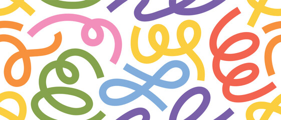 Trendy abstract scribble pattern with dynamic curves and rainbow colors. Hand-drawn seamless design for posters, branding, packaging, and fabric.