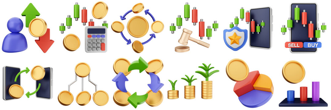 3d trading chart arrow increase decrease income profit finance icon set bundle illustration
