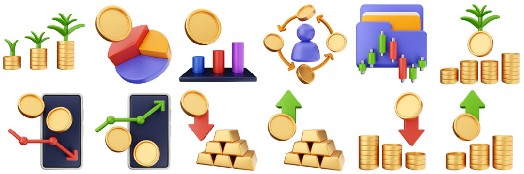 3d trading chart arrow increase decrease income profit finance icon set bundle illustration