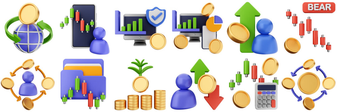 3d trading chart arrow increase decrease income profit finance icon set bundle illustration