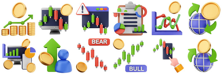 3d trading chart arrow increase decrease income profit finance icon set bundle illustration