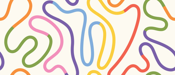Vibrant curved line pattern with abstract geometric doodles. Seamless background in pastel and bright colors for trendy art, kids decor, and prints.