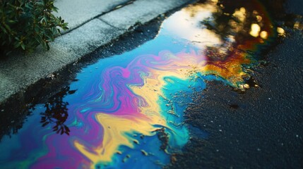 A colorful toxic spill seeping into the ground near a residential area, symbolizing hidden household pollution dangers