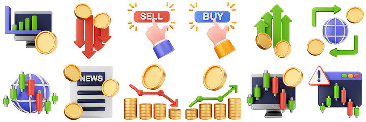 3d trading chart arrow increase decrease income profit finance icon set bundle illustration