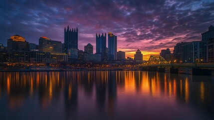 Urban tapestry a vibrant cityscape reflected in tranquil river at twilight