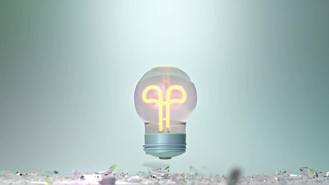 About creativity concept. Crystal glass shell covering the light bulb that represents creativity breaks out. Animation, 3D Render.