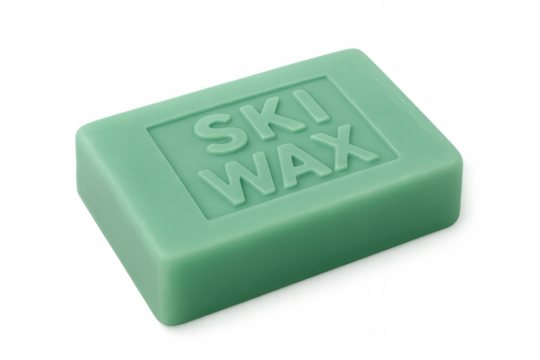 Green ski wax block resting on transparent surface, preparing ski equipment for winter performance