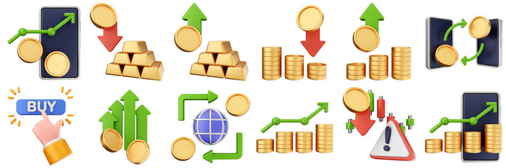 3d trading chart arrow increase decrease income profit finance icon set bundle illustration