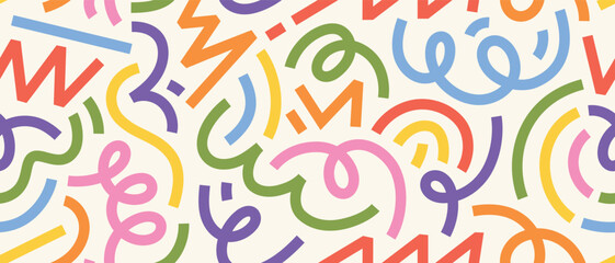 Colorful abstract pattern with curved lines, zigzags, and swirls. Seamless playful background for modern design, kids prints, fabric, and wrapping paper.