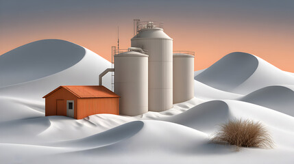 Obraz premium an industrial facility amidst desert dunes, under an orange sunset