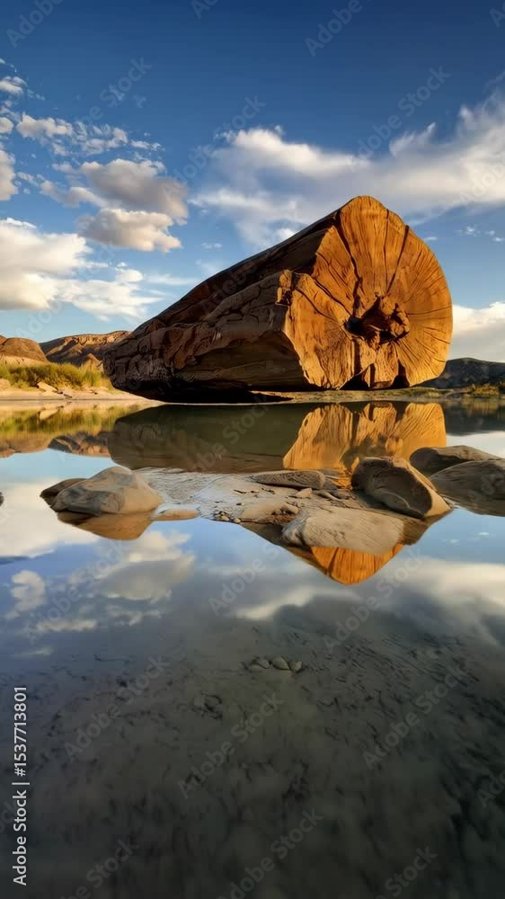 Aufkleber giant felled tree trunk resting at river's edge with beautiful reflections and cloudscape backdrop f