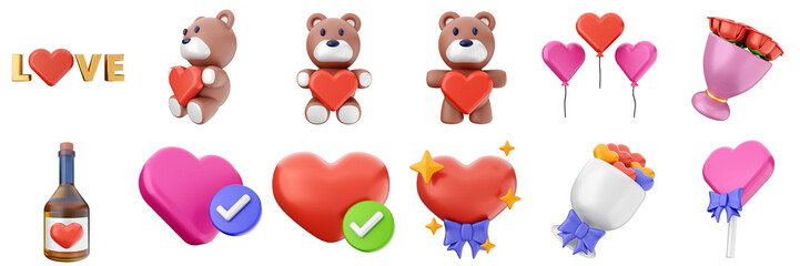 3d valentines day love heart romance present gift box 14 february icon set bundle illustration