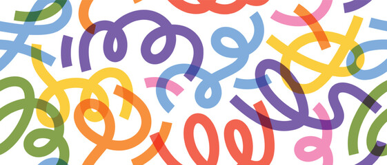 Bright looped scribble pattern in rainbow colors. Fun seamless background with rough textured strokes, perfect for kids prints, decor, and wrapping paper