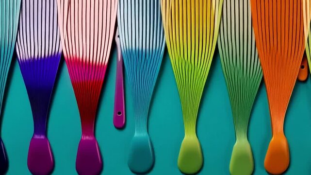 Colorful spoons arranged on a blue background create a vibrant pattern