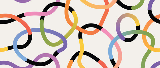 Colorful doodle swirl pattern with hand-drawn overlapping loops. Abstract seamless design for fabric, stationery, and trendy graphic projects.