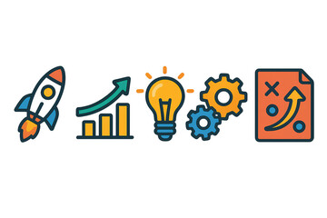 Vibrant startup icon set: rocket launch, growth arrow, lightbulb, gears, business plan