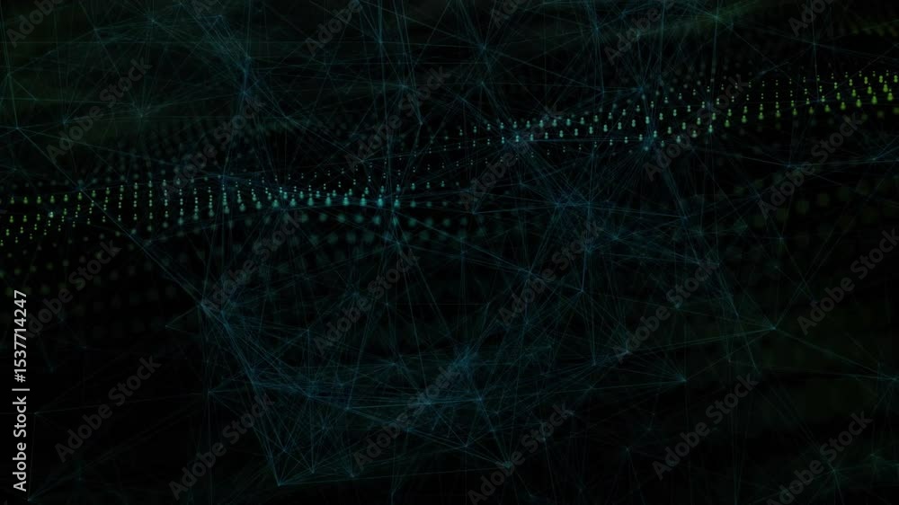 Poster opening on black frame, glowing nodes and lines shifting into undulating mesh showing data flow
