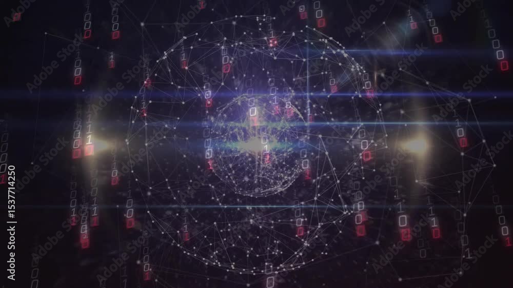 Poster Upon launching glowing wireframe sphere emitting grid streaming binary blocks visualizing data flow